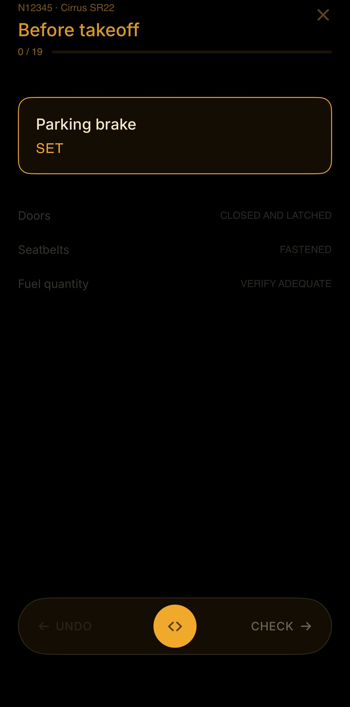 Before Takeoff checklist execution in cockpit night mode
