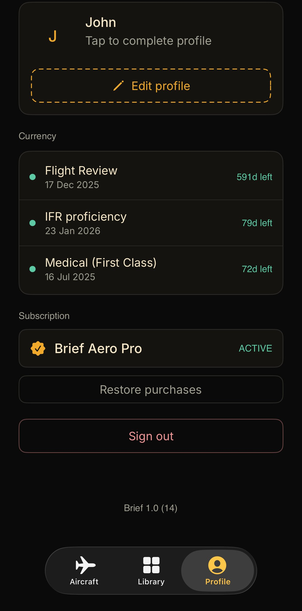 Pilot Profile with currency tracking — Flight Review, IFR, Medical